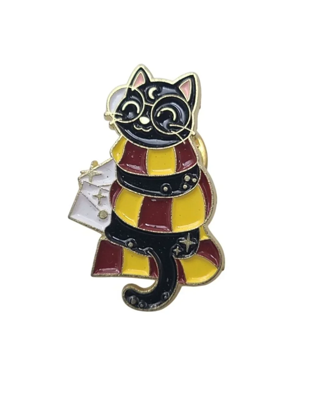 Black Cat Enamel Lapel Pin Red Gold Scarf Wizard Witchy Gothic Style